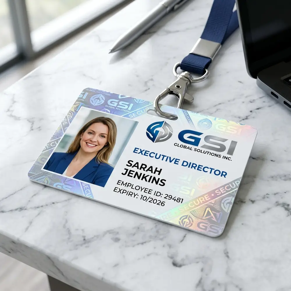 A glossy PVC ID card with a lanyard clip
